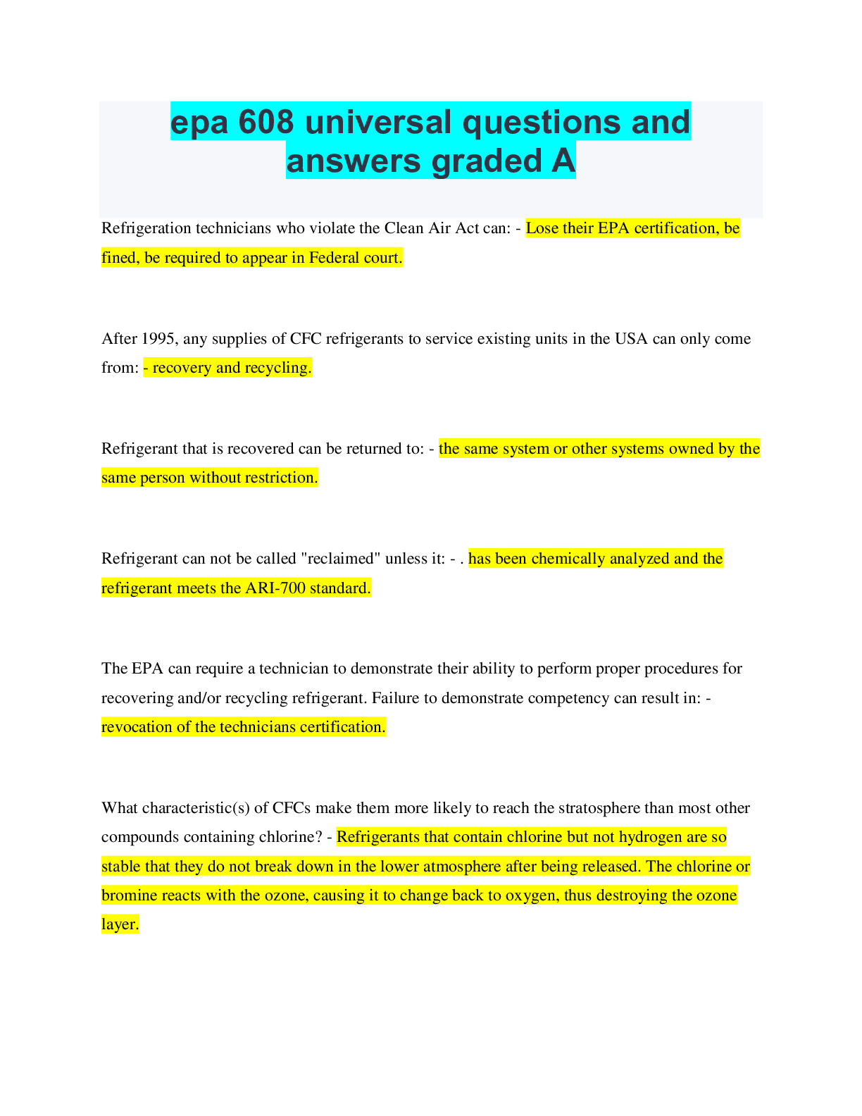 epa 608 universal questions and answers graded A Browsegrades